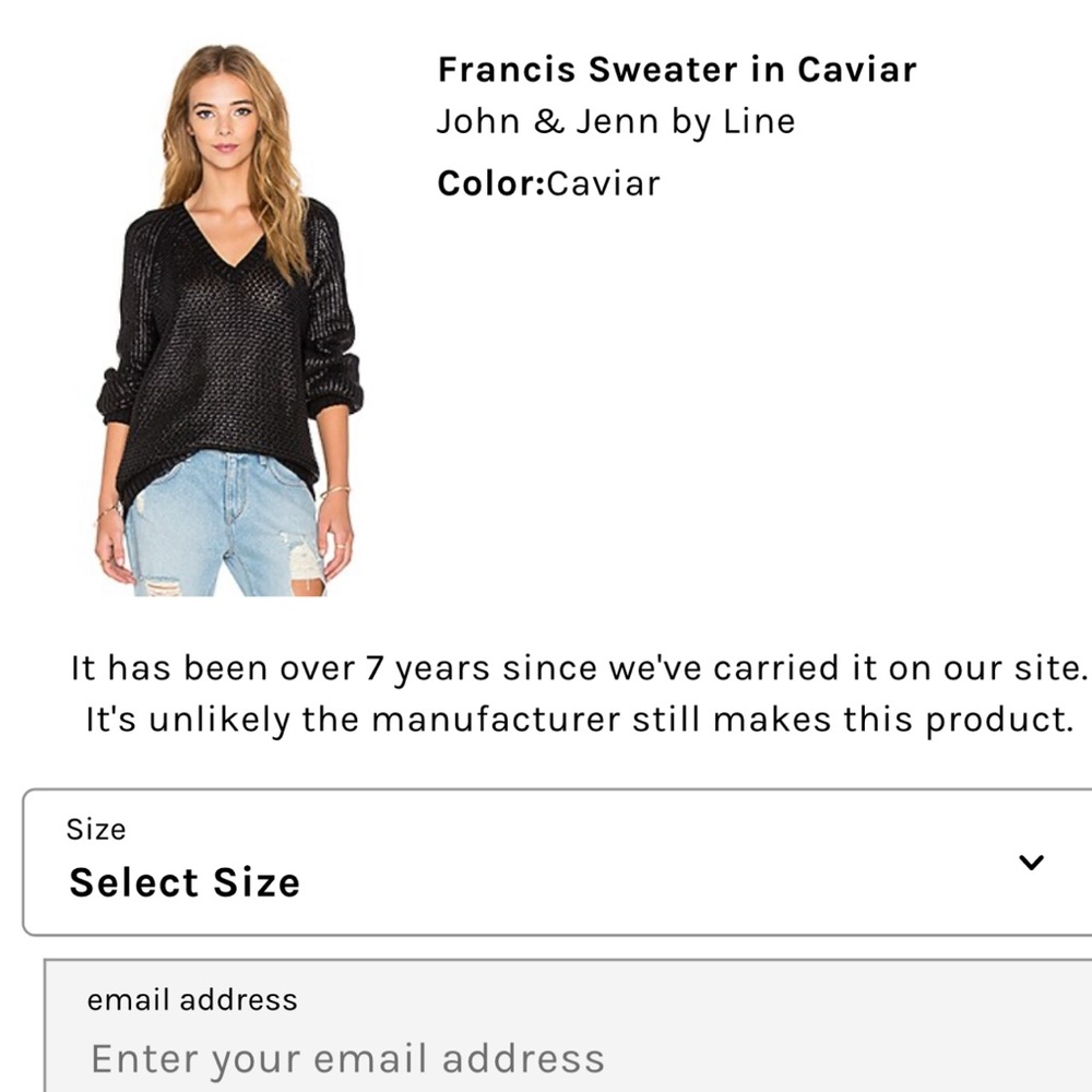 ISO Bobi BLACK or John + Jenn black vneck coated sweater - size M or L